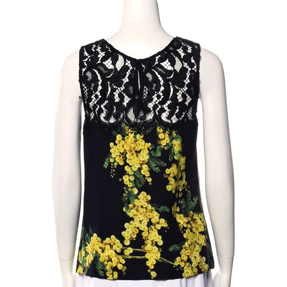 Dolce & Gabbana Black Yellow Floral Print Crepe Lace Yoke Sleeveless Top 40 US 4 - Picture 3 of 3